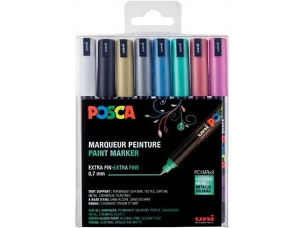 Een Uni POSCA paintmarker PC-1MC, 0,7 mm, etui met 8 stuks in geassorteerde metallic kleuren koop je bij Muys Kantoor & Kado