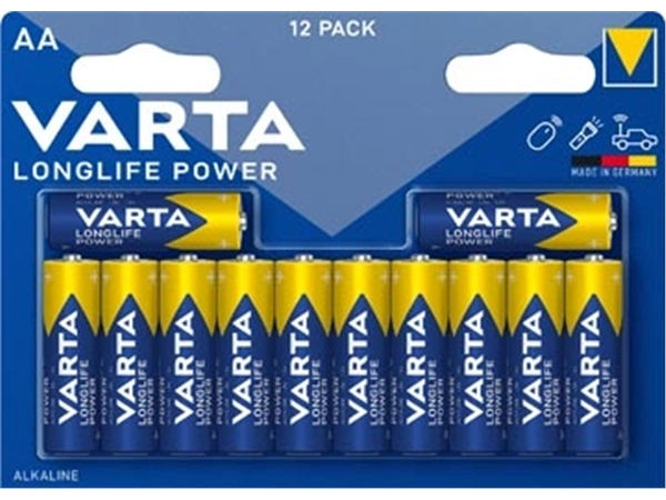 Een Varta batterij Longlife Power AA, blister van 12 stuks koop je bij Muys Kantoor & Kado