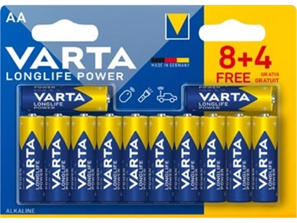 Een Varta batterij Longlife Power AA, blister van 8 + 4 koop je bij Muys Kantoor & Kado