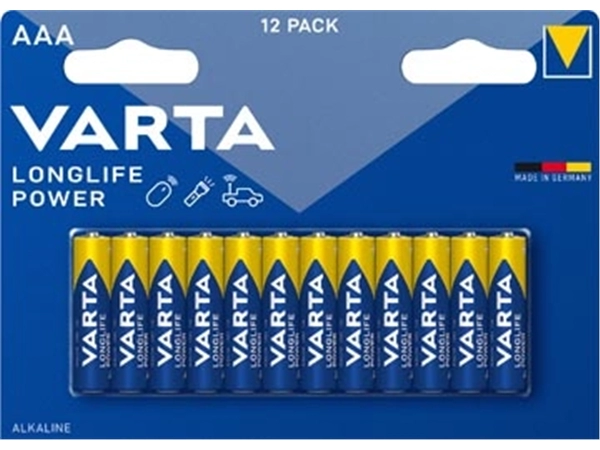 Een Varta batterij Longlife Power AAA, blister van 12 stuks koop je bij Muys Kantoor & Kado