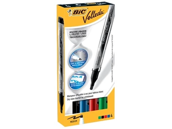 Een Velleda Whiteboardmarker Liquid Ink Pocket doos van 4 stuks in geassorteerde kleuren koop je bij Muys Kantoor & Kado