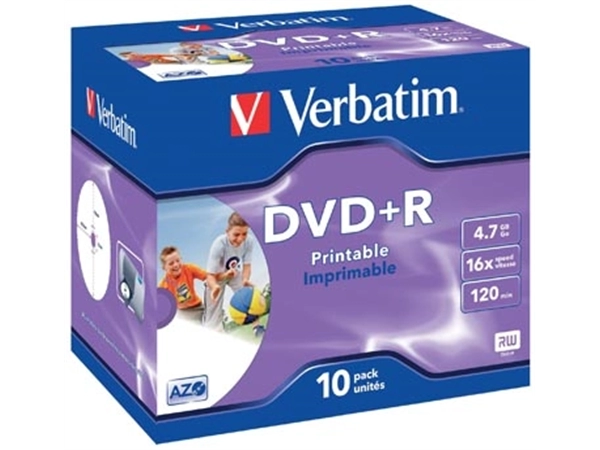 Een Verbatim DVD recordable DVD+R, printbaar, doos van 10 stuks, individueel verpakt (Jewel Case) koop je bij Muys Kantoor & Kado