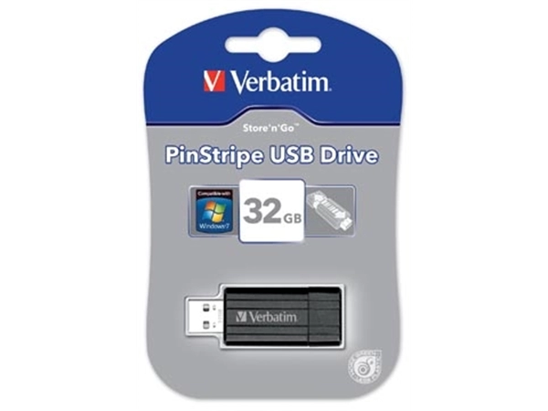 Een Verbatim PinStripe USB 2.0 stick, 32 GB, zwart koop je bij Muys Kantoor & Kado