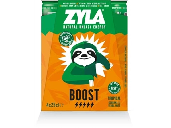 Een Zyla energiedrank Boost, tropical, blik van 25 cl, pak van 4 stuks koop je bij Muys Kantoor & Kado