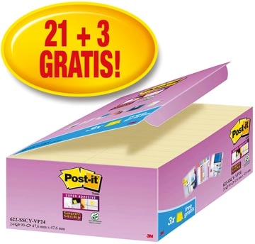 Een Post-it Super Sticky notes, 90 vel, ft 47,6 x 47,6 mm, geel, pak van 21 + 3 GRATIS koop je bij Muys Kantoor & Kado