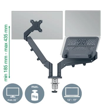 Een Leitz Ergo ruimtebesparende monitorarm, dubbele arm met 1 laptoparm, grijs koop je bij Muys Kantoor & Kado