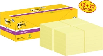 Een Post-it super Sticky notes, 90 vel, ft 76 x 76 mm, geel, pak van 12 blokken + 12 gratis koop je bij Muys Kantoor & Kado