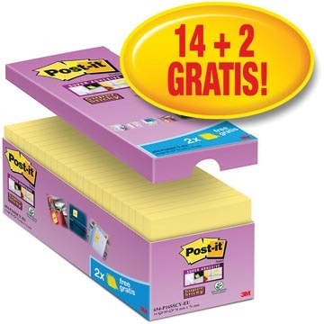 Een Post-it Super Sticky notes, 90 vel, ft 76 x 76 mm, geel, pak van 14 blokken + 2 gratis koop je bij Muys Kantoor & Kado