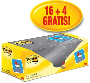 Een Post-it Notes, 100 vel, ft 76 x 76 mm, geel, pak van 16 blokken + 4 gratis koop je bij Muys Kantoor & Kado