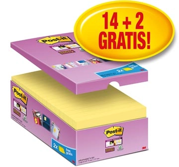 Een Post-it Super Sticky notes, 90 vel, ft 76 x 127 mm, geel, pak van 14 blokken + 2 gratis koop je bij Muys Kantoor & Kado