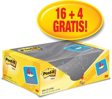 Een Post-it Notes, 100 vel, ft 76 x 127 mm, geel, pak van 16 blokken + 4 gratis koop je bij Muys Kantoor & Kado