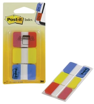 Een Post-it Index Strong, ft 25,4 x 38 mm, set van 3 kleuren (rood, geel en blauw), 22 tabs per kleur koop je bij Muys Kantoor & Kado