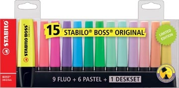 Een STABILO BOSS ORIGINAL Pastel markeerstift, deskset van 15 stuks in geassorteerde kleuren koop je bij Muys Kantoor & Kado