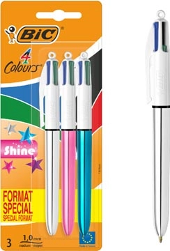 Een Bic Colours Shine 4-kleurenbalpen, medium, klassieke inktkleuren, blister van 3 stuks koop je bij Muys Kantoor & Kado