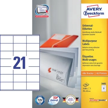 Een Avery Zweckform 3481, Universele etiketten, Ultragrip, wit, 100 vel, 21 per vel, 70 x 41 mm koop je bij Muys Kantoor & Kado