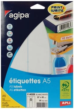 Een Agipa witte etiketten Print & Write ft 97 x 46 mm (b x h), 96 stuks, 6 per blad koop je bij Muys Kantoor & Kado