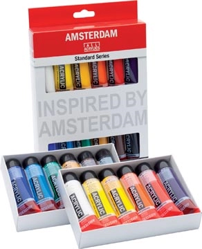 Een Amsterdam acrylverf tube van 20 ml, etui van 12 stuks in geassorteerde kleuren koop je bij Muys Kantoor & Kado