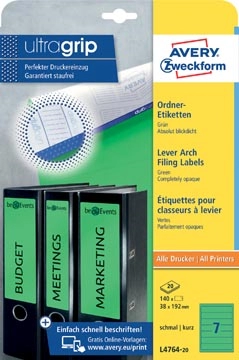 Een Avery Zweckform L4764-20 ordnerrugetiketten ft 19,2 x 3,8 cm (b x h), 140 etiketten, groen koop je bij Muys Kantoor & Kado