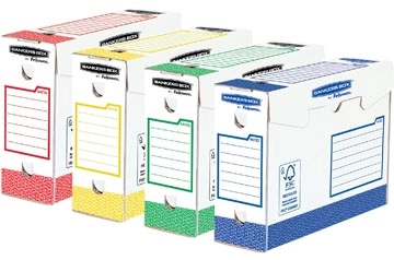 Een Bankers Box basic archiefdoos heavy duty, ft 9,5 x 24,5 x 33 cm, geassorteerde kleuren, pak van 8 stuks koop je bij Muys Kantoor & Kado