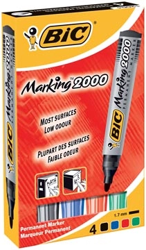 Een Bic permanent marker 2000, doos met 4 stuks in geassorteerde kleuren koop je bij Muys Kantoor & Kado