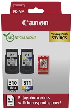 Een Canon inktcartridge PG-510 en CL-511, 220 pagina's, OEM 2970B017, 4 kleuren koop je bij Muys Kantoor & Kado