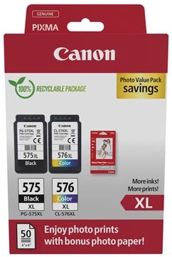 Een Canon photo value pack 1 x PG-575XL + 1 x CL-576XL, 300 - 400 pagina's, OEM 5437C006, 4 kleuren koop je bij Muys Kantoor & Kado