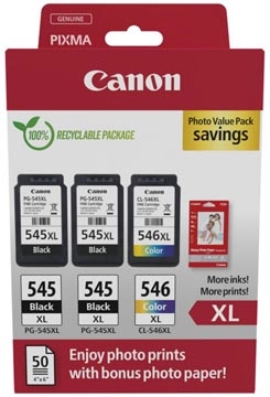 Een Canon photo value pack 2 x PG-545XL + 1 x CL-546XL, 300 - 400 pagina's, OEM 8286B015, 4 kleuren koop je bij Muys Kantoor & Kado