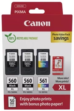 Een Canon photo value pack 2 x PG-560XL + 1 x CL-561XL, 300 - 400 pagina's, OEM 3712C012, 4 kleuren koop je bij Muys Kantoor & Kado