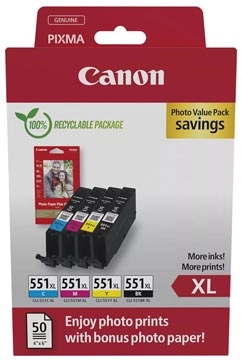 Een Canon photo value pack CLI-551XL, 660 pagina's, OEM 6443B008, 4 kleuren koop je bij Muys Kantoor & Kado