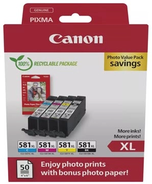 Een Canon photo value pack CLI-581 XL, 170 - 520 foto's, OEM 2052C006, 4 kleuren koop je bij Muys Kantoor & Kado