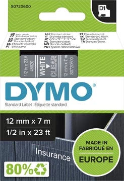 Een Dymo D1 tape 12 mm, wit op transparant koop je bij Muys Kantoor & Kado