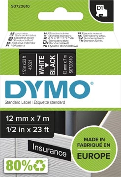 Een Dymo D1 tape 12 mm, wit op zwart koop je bij Muys Kantoor & Kado