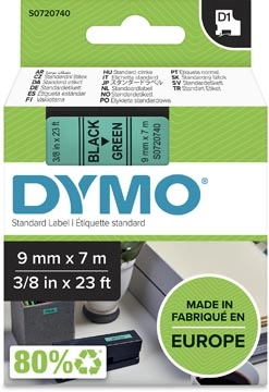 Een Dymo D1 tape 9 mm, zwart op groen koop je bij Muys Kantoor & Kado