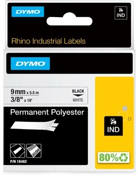 Een Dymo RHINO permanente polyester tape 9 mm, zwart op wit koop je bij Muys Kantoor & Kado