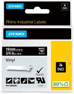 Een Dymo RHINO vinyltape 19 mm, wit op zwart koop je bij Muys Kantoor & Kado