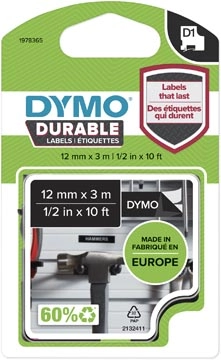 Een Dymo duurzame D1 tape 12 mm x 3 m, wit op zwart koop je bij Muys Kantoor & Kado