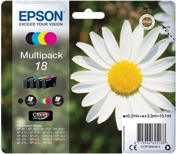 Een Epson inktcartridge 18, 175 pagina's, OEM C13T18064012, 4 kleuren koop je bij Muys Kantoor & Kado