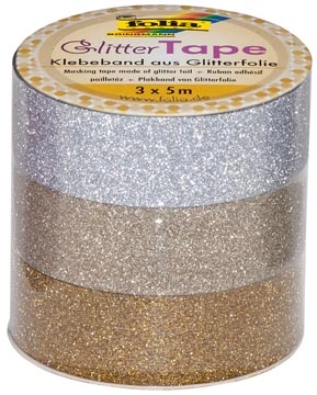 Een Folia glittertape zilver en goud rolletje met 3 stuks koop je bij Muys Kantoor & Kado