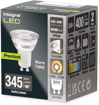 Een Integral LED spot GU10, dimbaar, 1.800 - 2.700 K, 3,6 W, 400 lumen koop je bij Muys Kantoor & Kado