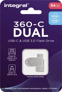 Een Integral 360-C Dual USB-C & USB 3.0 stick, 64 GB koop je bij Muys Kantoor & Kado