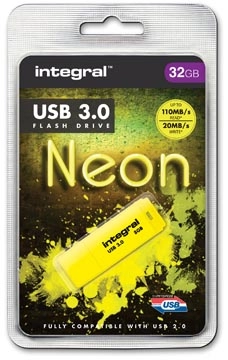 Een Integral Neon USB 3.0 stick, 32 GB, geel koop je bij Muys Kantoor & Kado