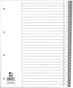 Een Q-CONNECT tabbladen, A4, PP, 11-gaatspeforatie, met indexblad, set van 1-31, 31 tabs, grijs koop je bij Muys Kantoor & Kado