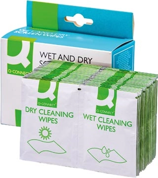 Een Q-CONNECT Wet & Dry beeldschermreinigingsdoekjes, doos van 20 paar (1 Wet en 1 Dry) koop je bij Muys Kantoor & Kado