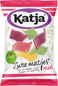 Een Katja Zure Matjes snoep, mix van aardbei-, appel-, banaan- en cassissmaak, zak van 250 g koop je bij Muys Kantoor & Kado