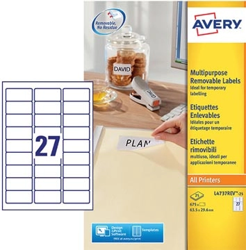 Een Avery L4737REV-25 afneembare etiketten ft 63,5 x 29,6 mm (b x h), 675 etiketten, wit koop je bij Muys Kantoor & Kado