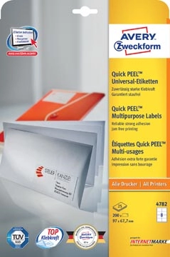 Een Avery Zweckform 4782, Universele etiketten, Ultragrip, wit, 25+5 vel, 8 per vel, 97 x 67,7 mm koop je bij Muys Kantoor & Kado