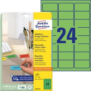 Een Avery afneembare gekleurde etiketten ft 63,5 x 33,9 mm (b x h), 480 stuks, 24 per blad, groen koop je bij Muys Kantoor & Kado