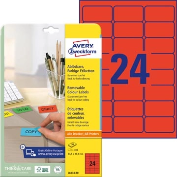 Een Avery afneembare gekleurde etiketten ft 63,5 x 33,9 mm (b x h), 480 stuks, 24 per blad, rood koop je bij Muys Kantoor & Kado