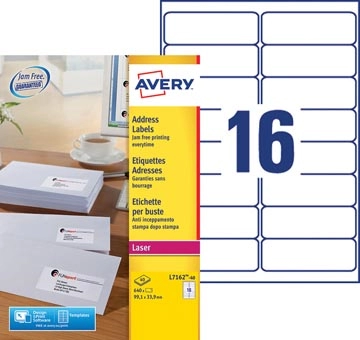 Een Avery L7162, Adresetiketten, Laser, Ultragrip, wit, 40 vellen, 16 per vel, 99,1 x 33,9 mm koop je bij Muys Kantoor & Kado