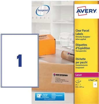 Een Avery L7567-25 verzendetiketten ft 210 x 297 mm (b x h), 25 etiketten, transparant koop je bij Muys Kantoor & Kado